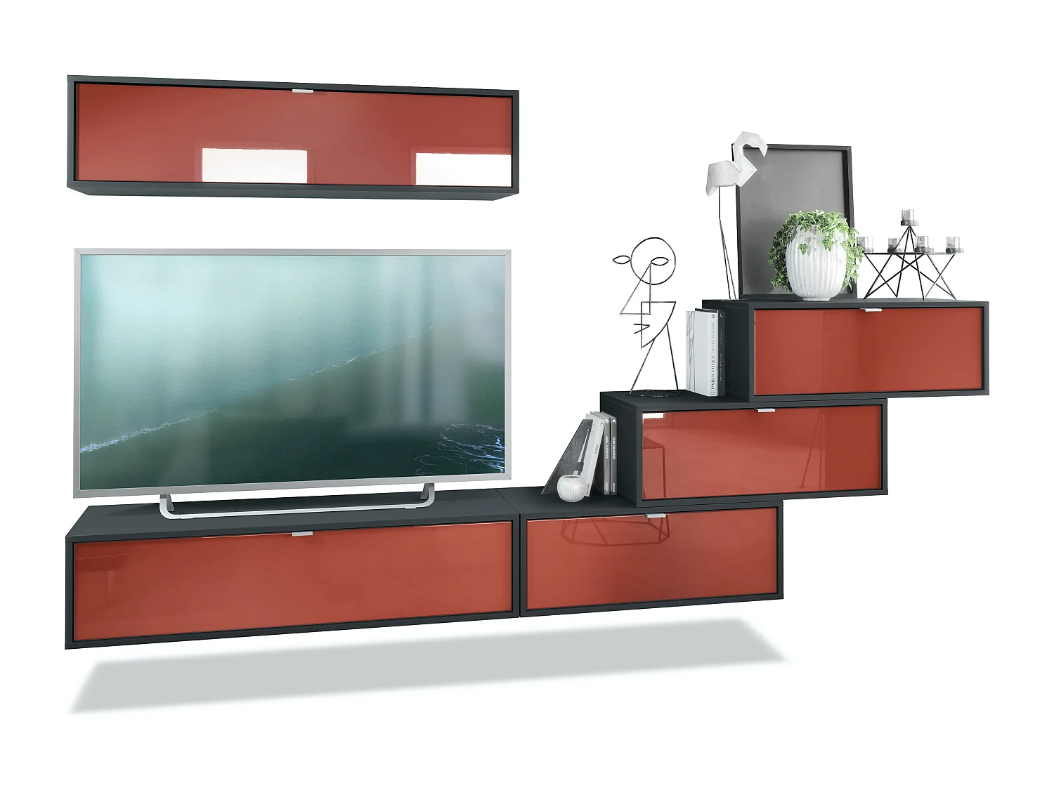 Unité murale Lana V1 composée de 5 unités murales à 12 compartiments, caisson en Noir mat, façades en Bordeaux haute brillance | Grand choix de couleurs