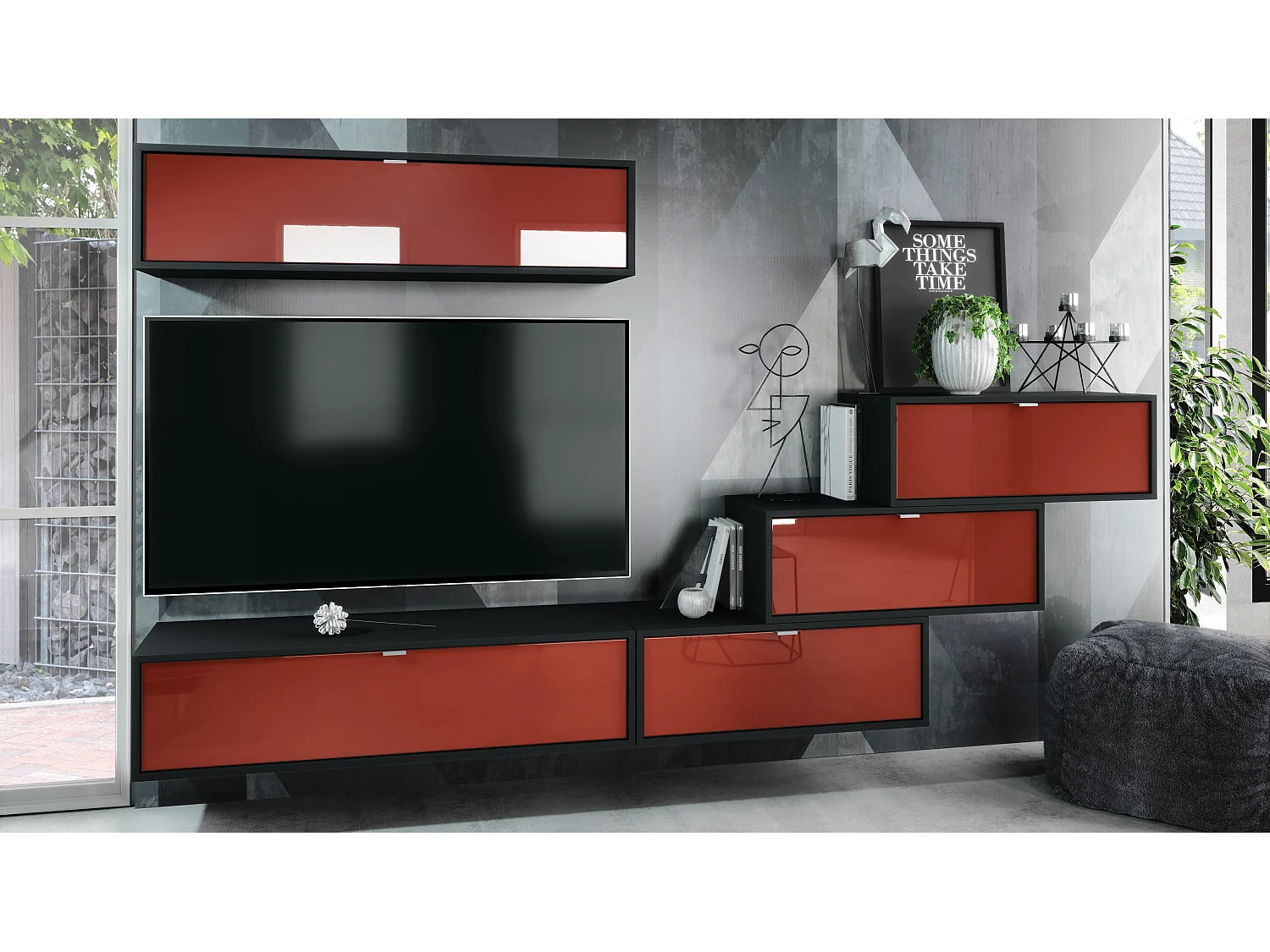 Unité murale Lana V1 composée de 5 unités murales à 12 compartiments, caisson en Noir mat, façades en Bordeaux haute brillance | Grand choix de couleurs