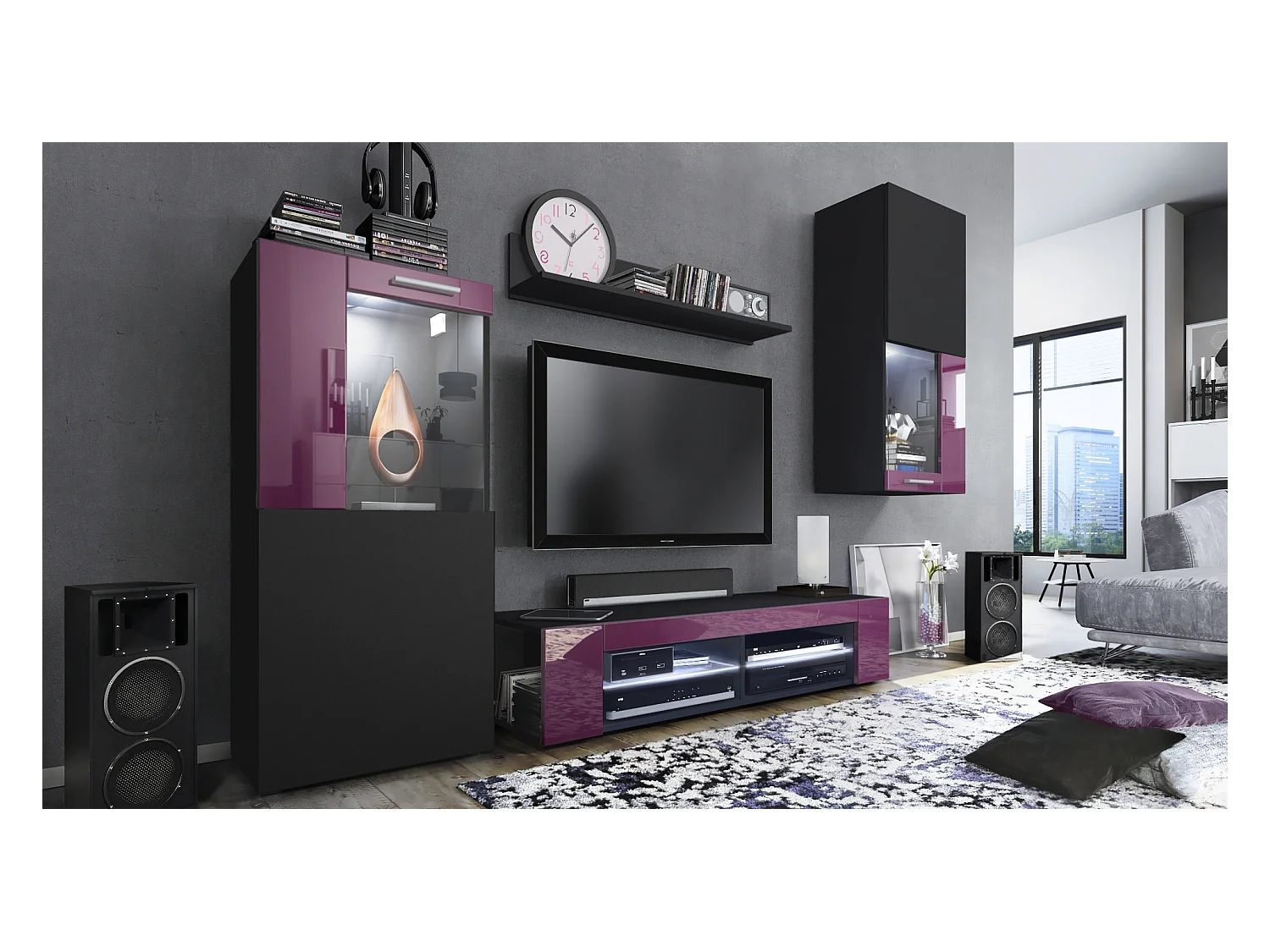 Ensemble de salon Movie comprenant 1 meuble bas TV, 2 vitrines et 1 étagère, Noir mat/Mûre haute brillance, (Dimensions totales : 300 x 190 x 39 cm)