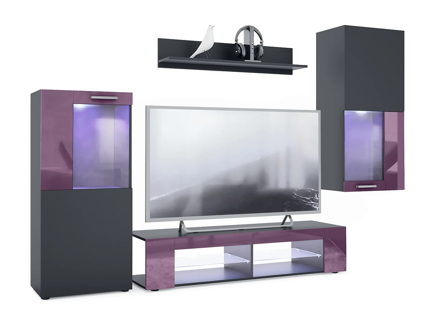 WOHNWAND Movie Absetzungen in Brombeer Hochglanz