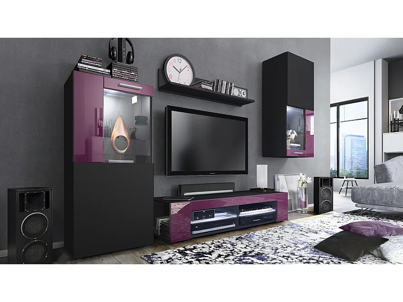 Ensemble de salon Movie comprenant 1 meuble bas TV, 2 vitrines et 1 étagère, Noir mat/Mûre haute brillance, (Dimensions totales : 300 x 190 x 39 cm)