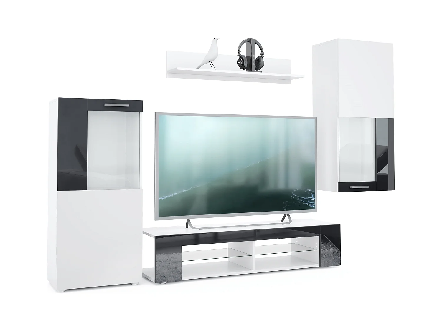 Ensemble de salon Movie comprenant 1 meuble bas TV, 2 vitrines et 1 étagère, Blanc mat/Noir haute brillance, (Dimensions totales : 300 x 190 x 39 cm)