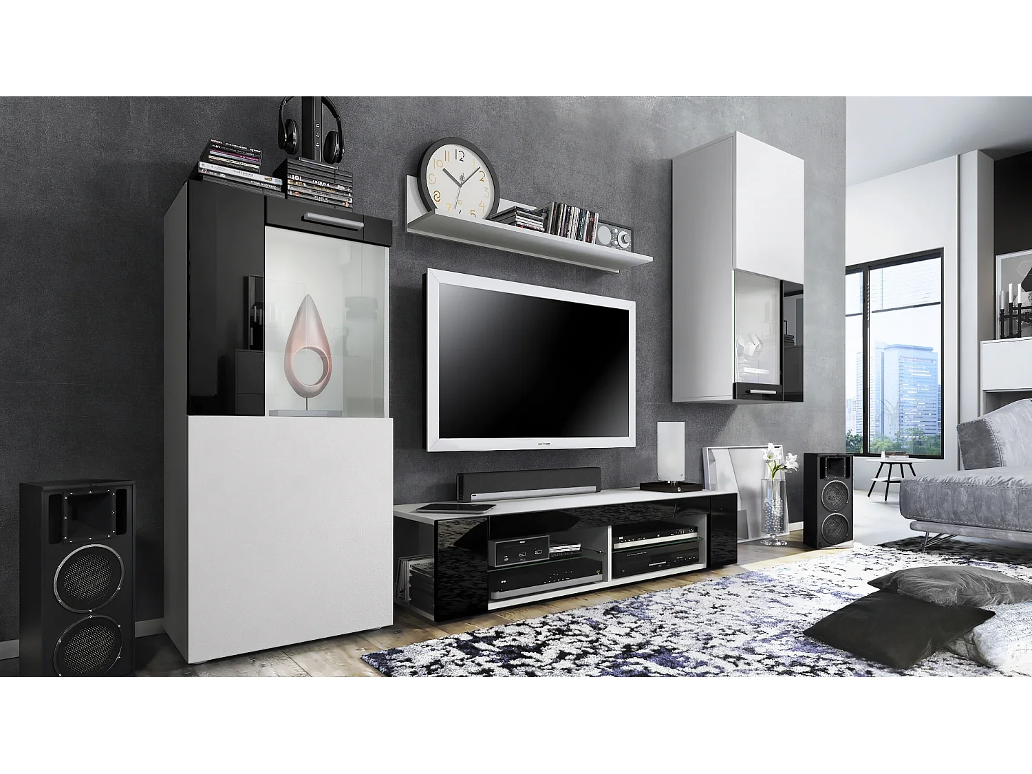 Set da soggiorno  Movie, parete attrezzata con 1 mobile TV, 2 vetrine e 1 scaffale, bianco opaco/bianco opaco/nero lucido (totale: 300 x 190 x 39 cm)