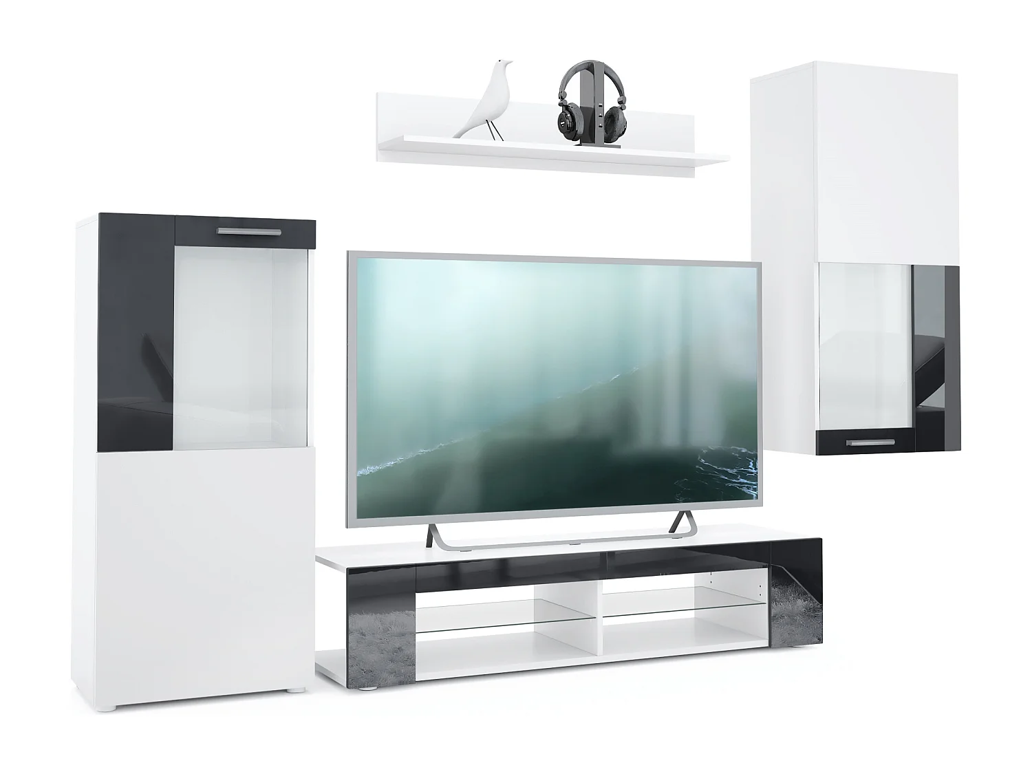 Set da soggiorno  Movie, parete attrezzata con 1 mobile TV, 2 vetrine e 1 scaffale, bianco opaco/bianco opaco/nero lucido (totale: 300 x 190 x 39 cm)