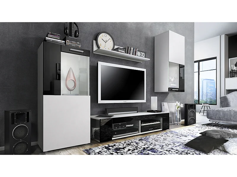 Ensemble de salon Movie comprenant 1 meuble bas TV, 2 vitrines et 1 étagère, Blanc mat/Noir haute brillance, (Dimensions totales : 300 x 190 x 39 cm)