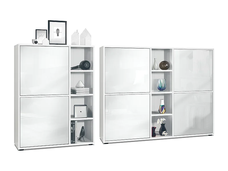 Set per soggiorno Miami, composto da due credenze alte con un totale di 6 ante e 8 scomparti, corpo bianco opaco, frontali in bianco lucido.