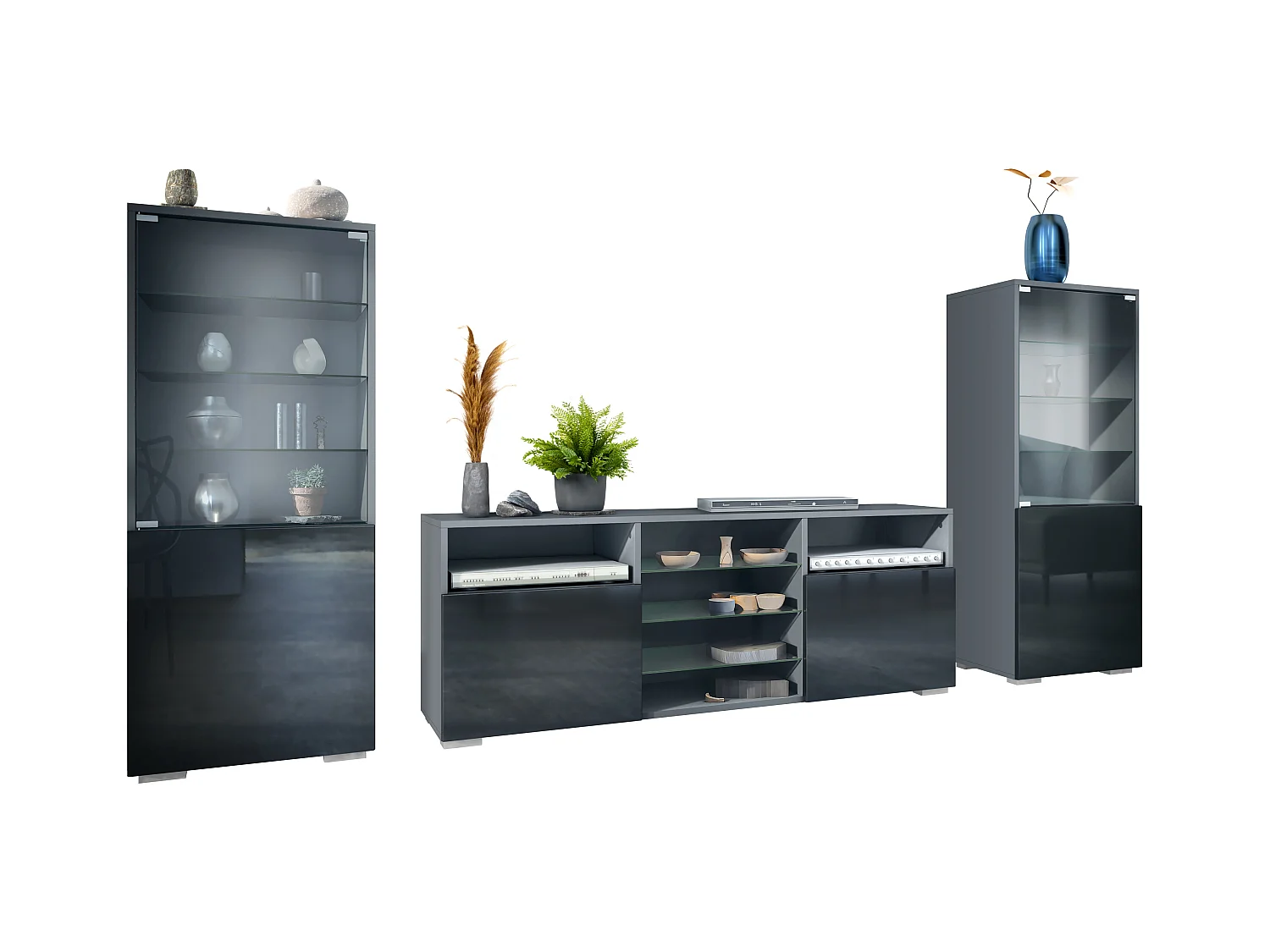 Ensemble mural Granada pour salon, comprenant 2 vitrines et 1 meuble TV, anthracite mat/noir haute brillance (286 x 122,5 x 35 cm)