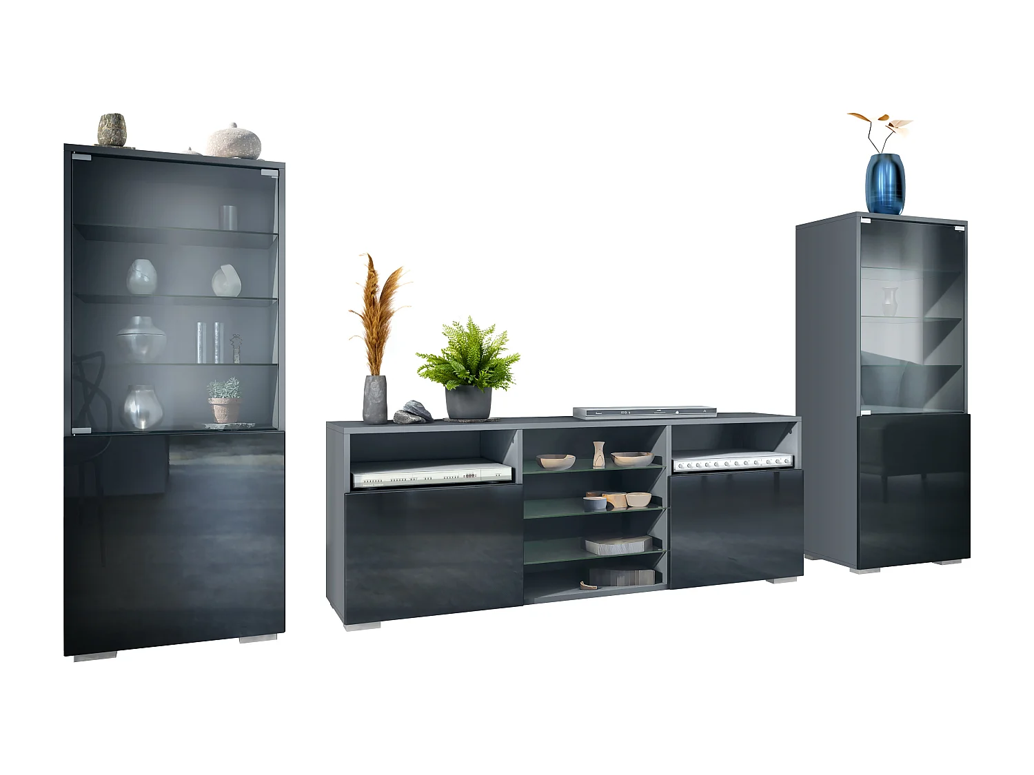 Mueble de pared Granada para sala de estar, compuesto por 2 vitrinas y 1 mueble de TV,antracita mate/negro de alto brillo (286 x 122,5 x 35 cm)