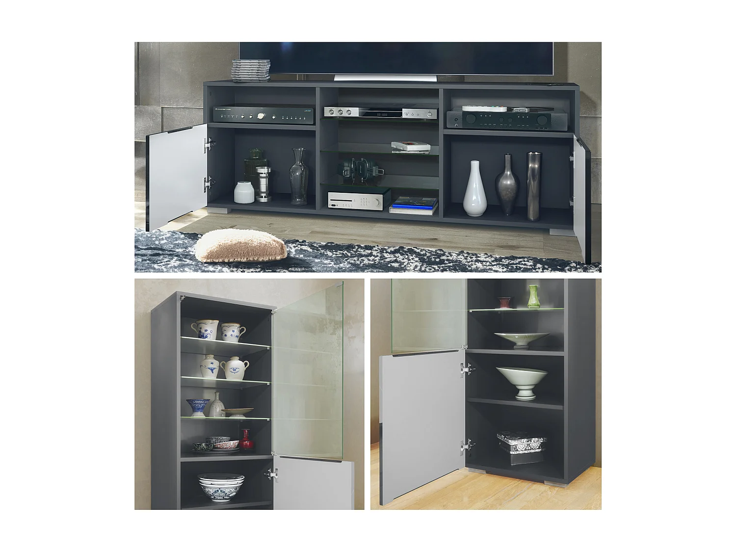 Mueble de pared Granada para sala de estar, compuesto por 2 vitrinas y 1 mueble de TV,antracita mate/negro de alto brillo (286 x 122,5 x 35 cm)