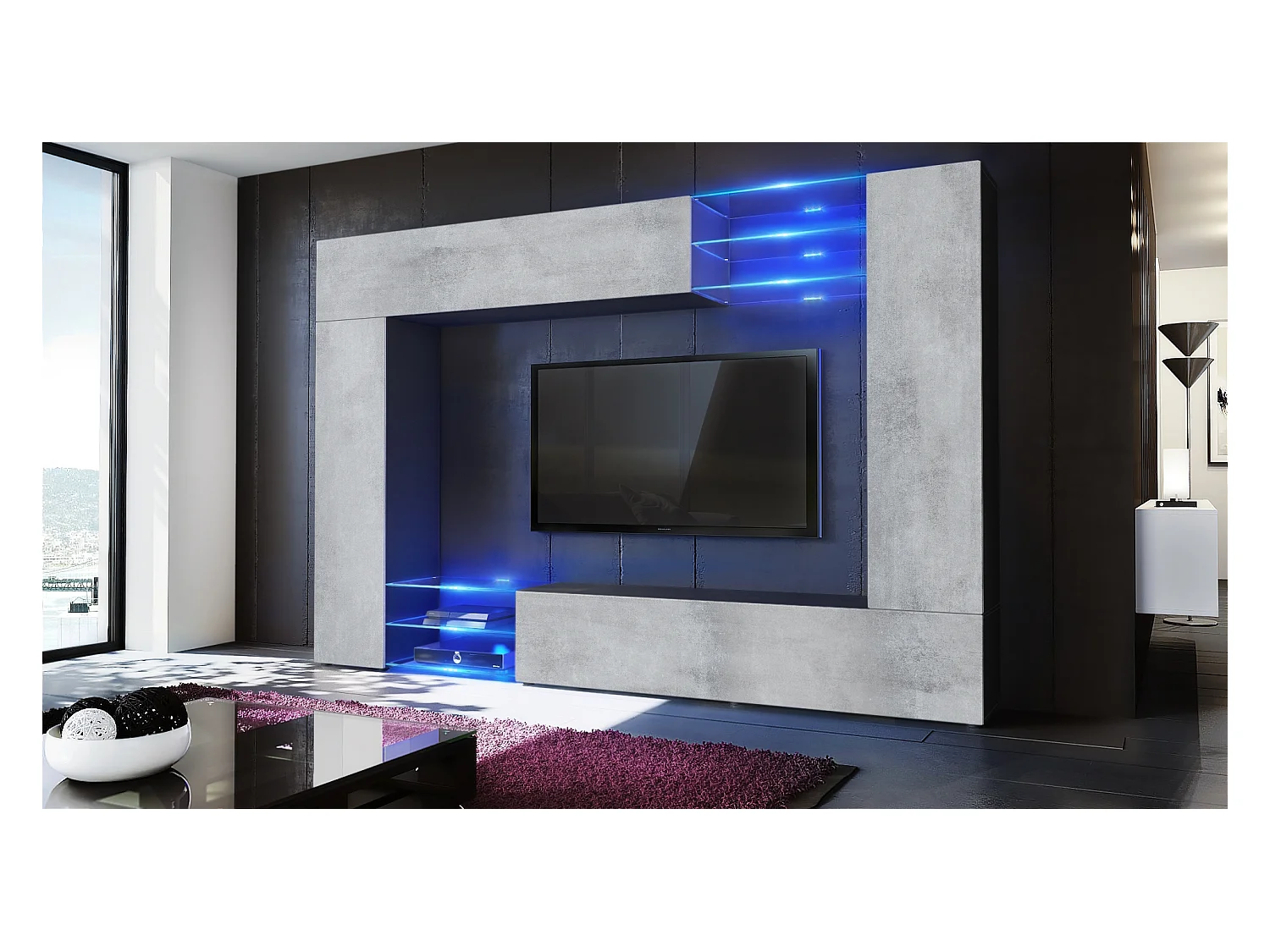 Meuble TV mural Mirage, Ensemble étagère TV et 2 portes, 2 clapets et 6 étagères en verre, Noir mat/Aspect Béton Oxyde, LED incluse (262 x 183 x 39 cm)