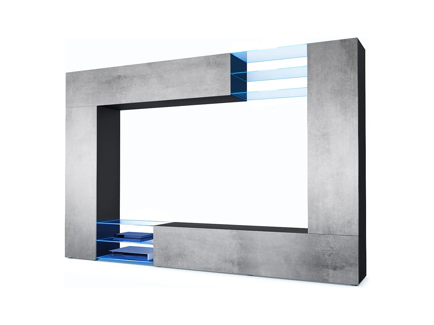 Meuble TV mural Mirage, Ensemble étagère TV et 2 portes, 2 clapets et 6 étagères en verre, Noir mat/Aspect Béton Oxyde, LED incluse (262 x 183 x 39 cm)