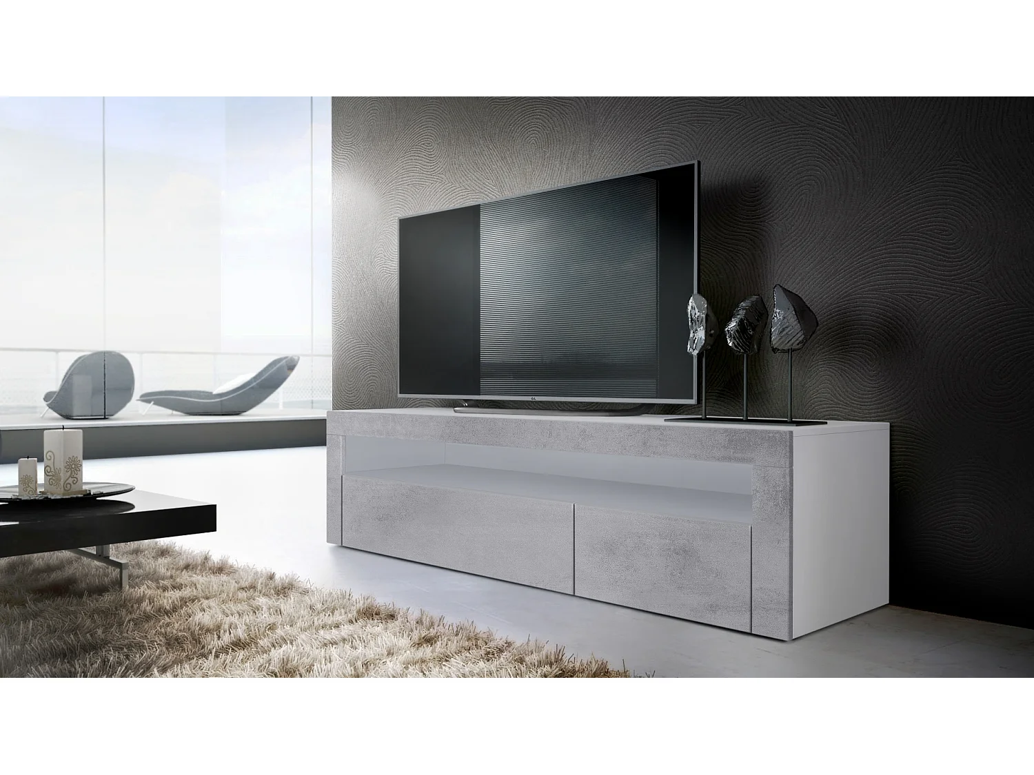 Ensemble de salon  Berlin, composé de 1 meuble TV avec 1 compartiment ouvert et 2 abattants, et 1 table basse, blanc mat/aspect béton oxyde