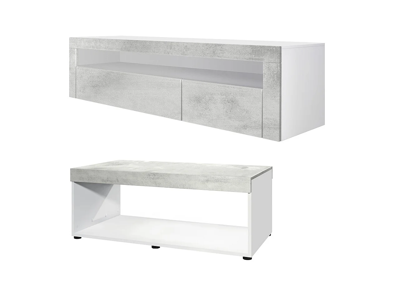 Set soggiorno Vladon Berlin, composto da 1 mobile TV con 1 vano aperto e 2 sportelli, e 1 tavolino da caffè, bianco opaco/ottica cermento ossido