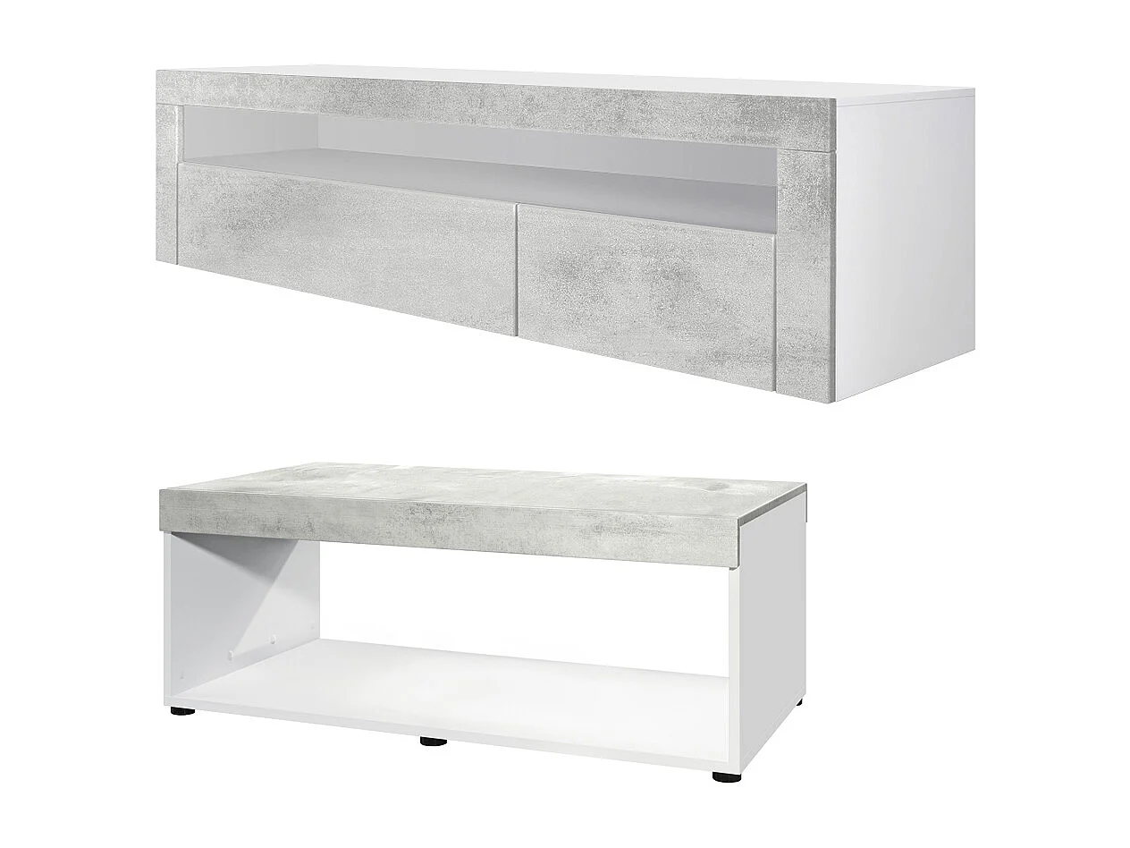 Ensemble de salon  Berlin, composé de 1 meuble TV avec 1 compartiment ouvert et 2 abattants, et 1 table basse, blanc mat/aspect béton oxyde