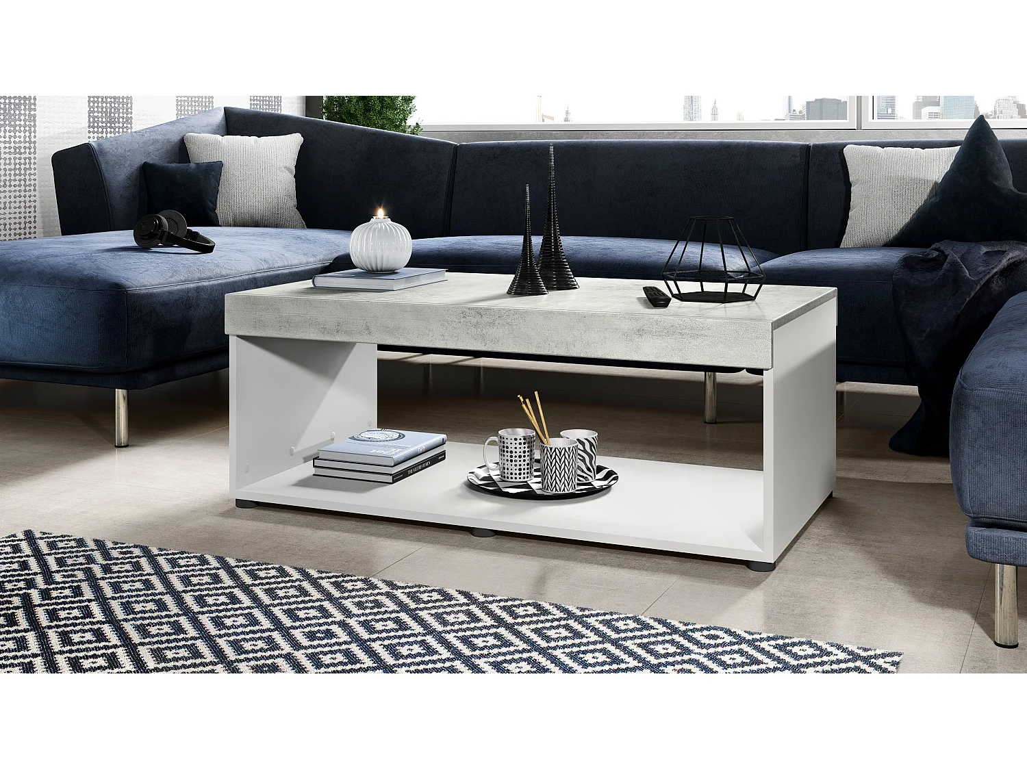 Ensemble de salon  Berlin, composé de 1 meuble TV avec 1 compartiment ouvert et 2 abattants, et 1 table basse, blanc mat/aspect béton oxyde