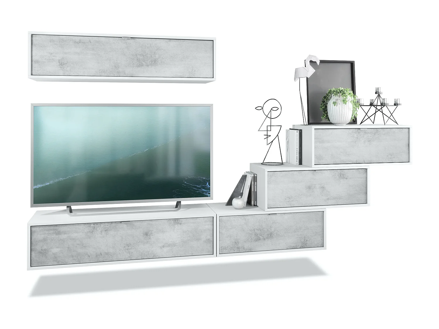 Unité murale Lana V1 composée de 5 unités murales à 12 compartiments, caisson en Blanc mat, façades en Aspect Béton Oxyde | Grand choix de couleurs