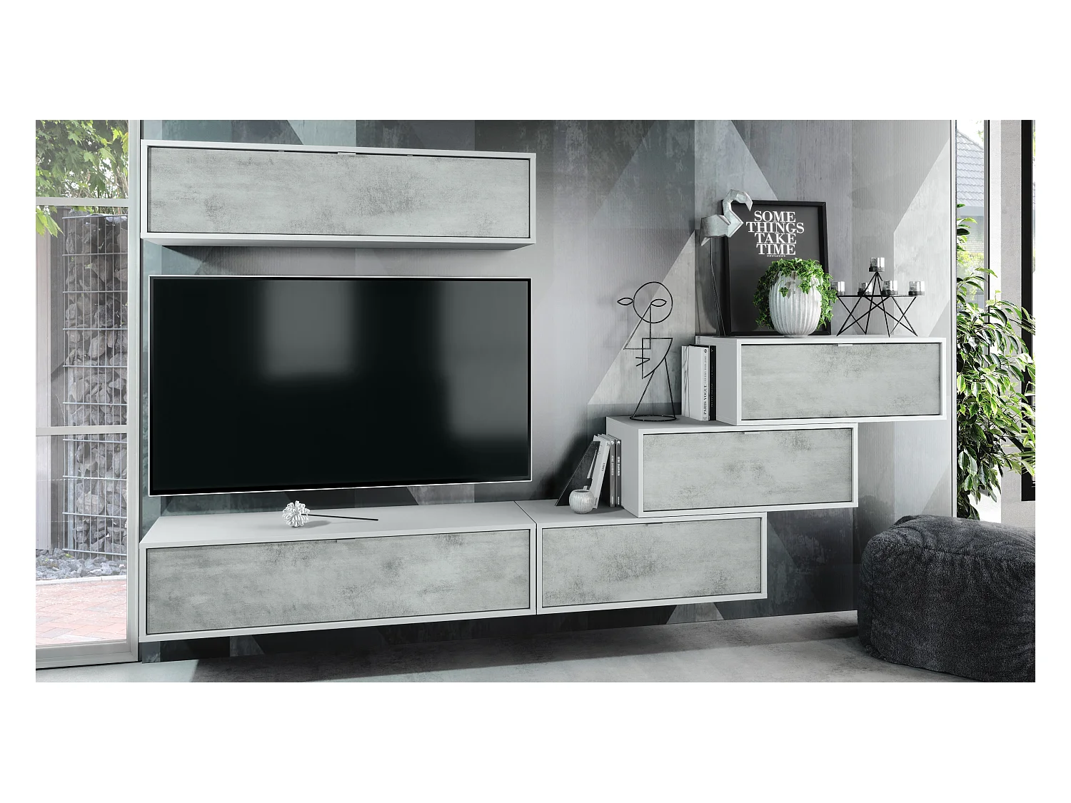 Unité murale Lana V1 composée de 5 unités murales à 12 compartiments, caisson en Blanc mat, façades en Aspect Béton Oxyde | Grand choix de couleurs