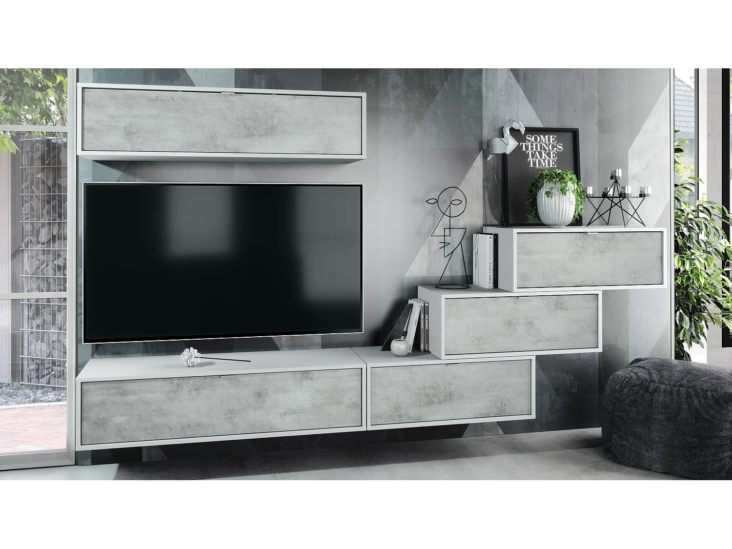 Unité murale Lana V1 composée de 5 unités murales à 12 compartiments, caisson en Blanc mat, façades en Aspect Béton Oxyde | Grand choix de couleurs