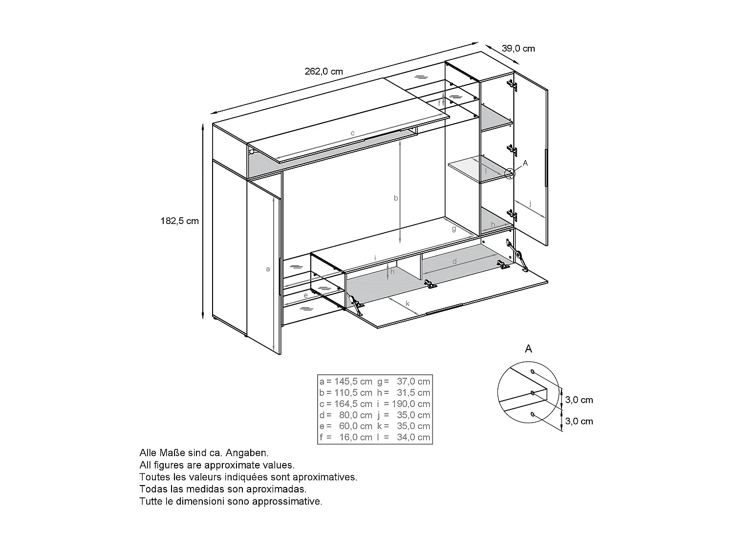 Set da soggiorno  Mirage, Parete attrezzata con 2 ante, 2 ante a ribalta e 6 ripiani a giorno in vetro, bianco opaco/bordeaux lucido (262 x 183 x 39 cm)