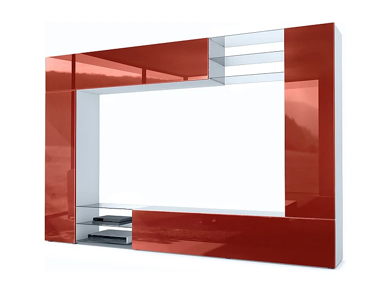 Meuble TV mural Mirage, Ensemble étagère TV et 2 portes, 2 clapets et 6 étagères en verre, Blanc mat/Bordeaux brillant (262 x 183 x 39 cm)