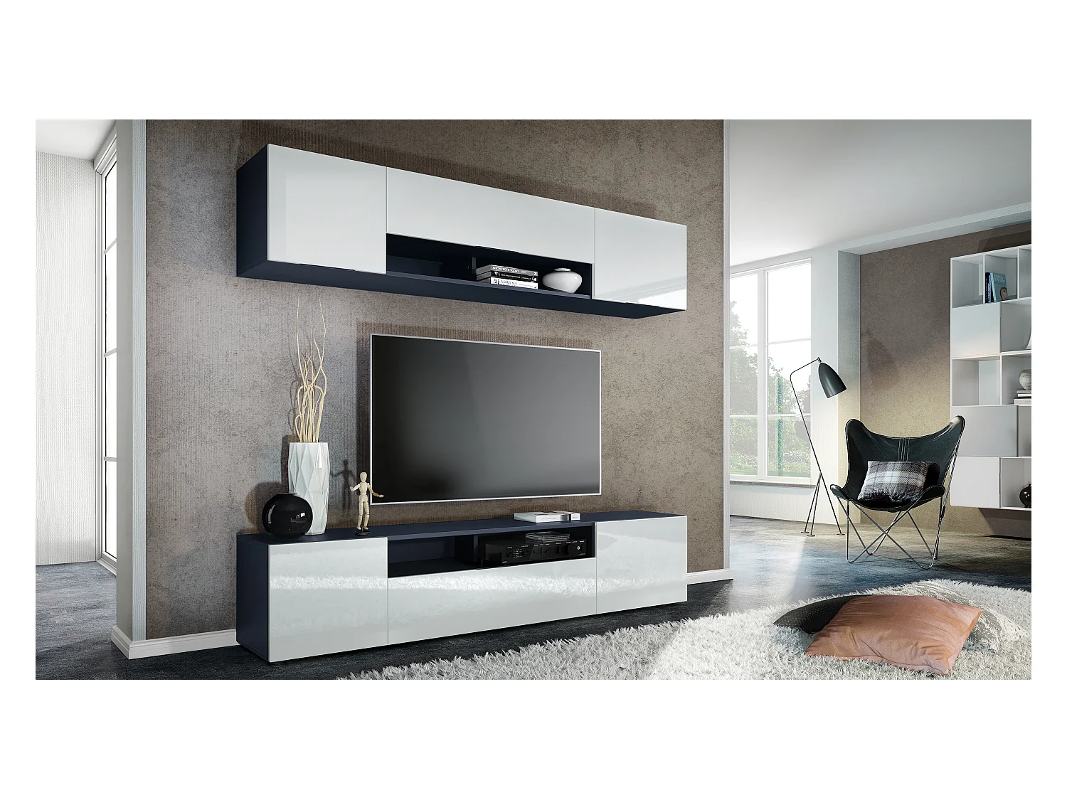 Meuble mural de salon Mogan avec deux éléments de 181x39x35 cm, meuble mural de salon suspendu avec 12 compartiments, Anthracite mat/Blanc brillant