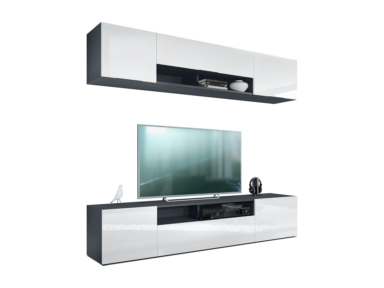 Pensile Mogan con due elementi da 181 x 39 x 35 cm, mobile da soggiorno sospeso con 12 scomparti, struttura in antracite opaco, frontali in bianco High Gloss