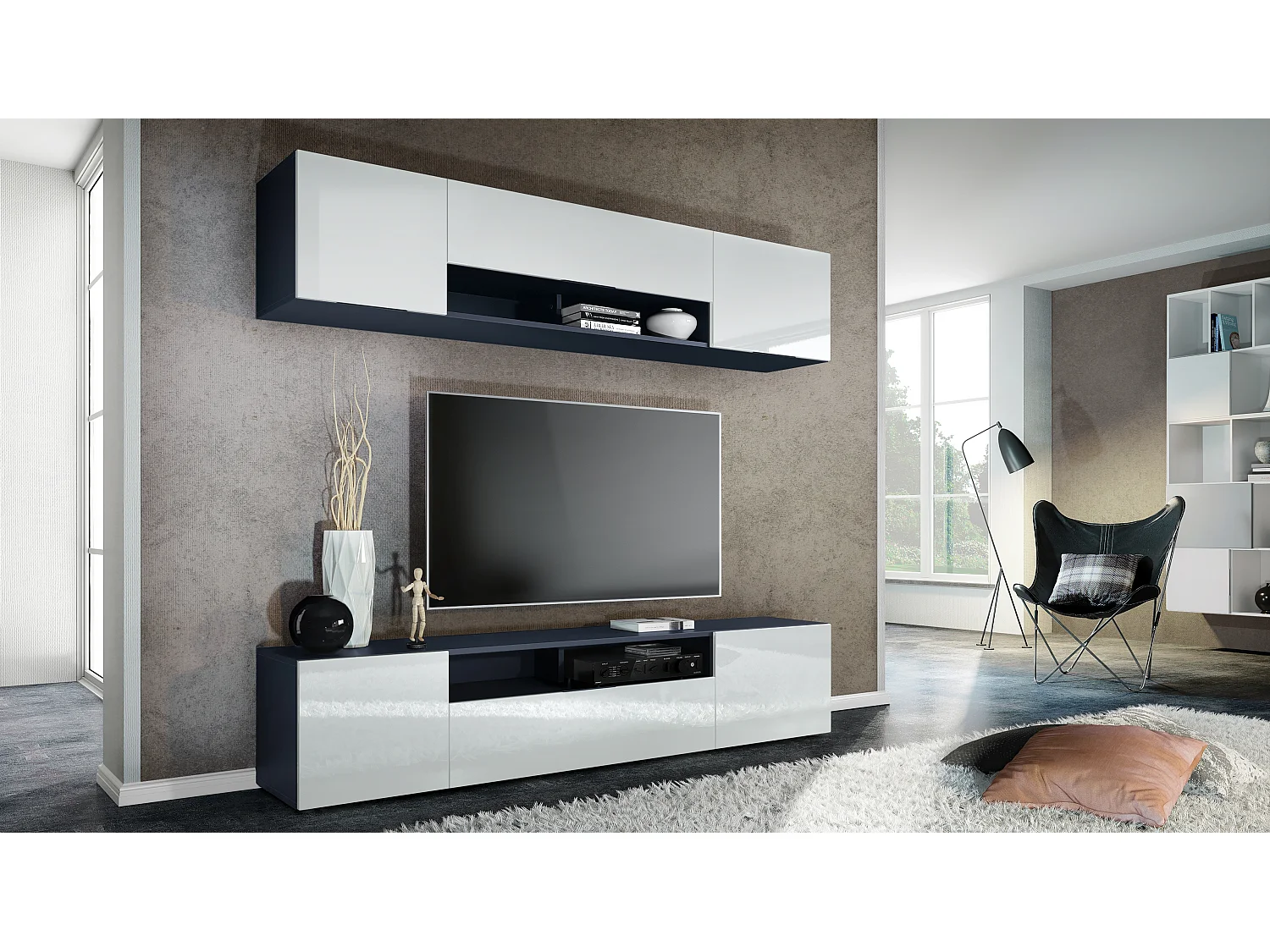 Pensile Mogan con due elementi da 181 x 39 x 35 cm, mobile da soggiorno sospeso con 12 scomparti, struttura in antracite opaco, frontali in bianco High Gloss