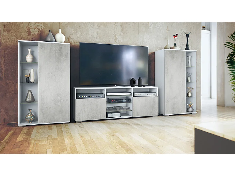 Ensemble mural Davos pour salon, comprenant 2 vitrines et 1 meuble TV, blanc mat/aspect béton oxyde (329 x 134 x 35 cm)