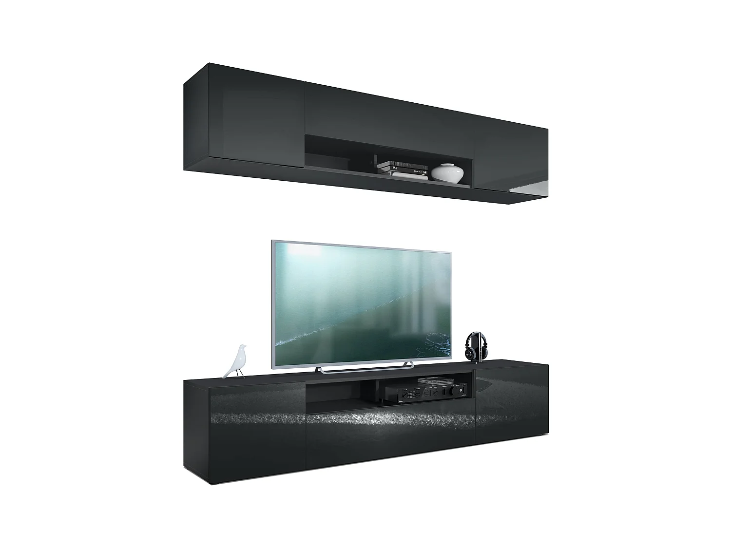 Meuble-paroi Mogan, noir mat/noir haute brillance - Meuble mural moderne composé de 2 étagères TV (181 x 147 x 35 cm)