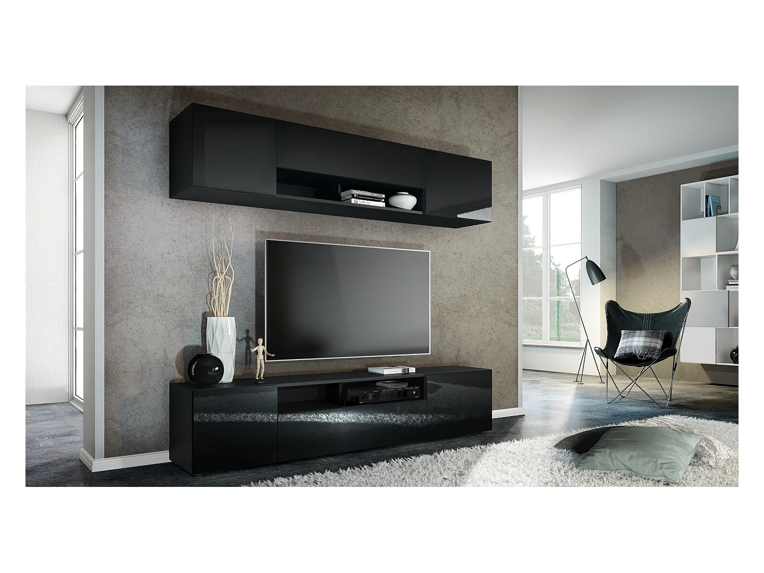 Meuble-paroi Mogan, noir mat/noir haute brillance - Meuble mural moderne composé de 2 étagères TV (181 x 147 x 35 cm)