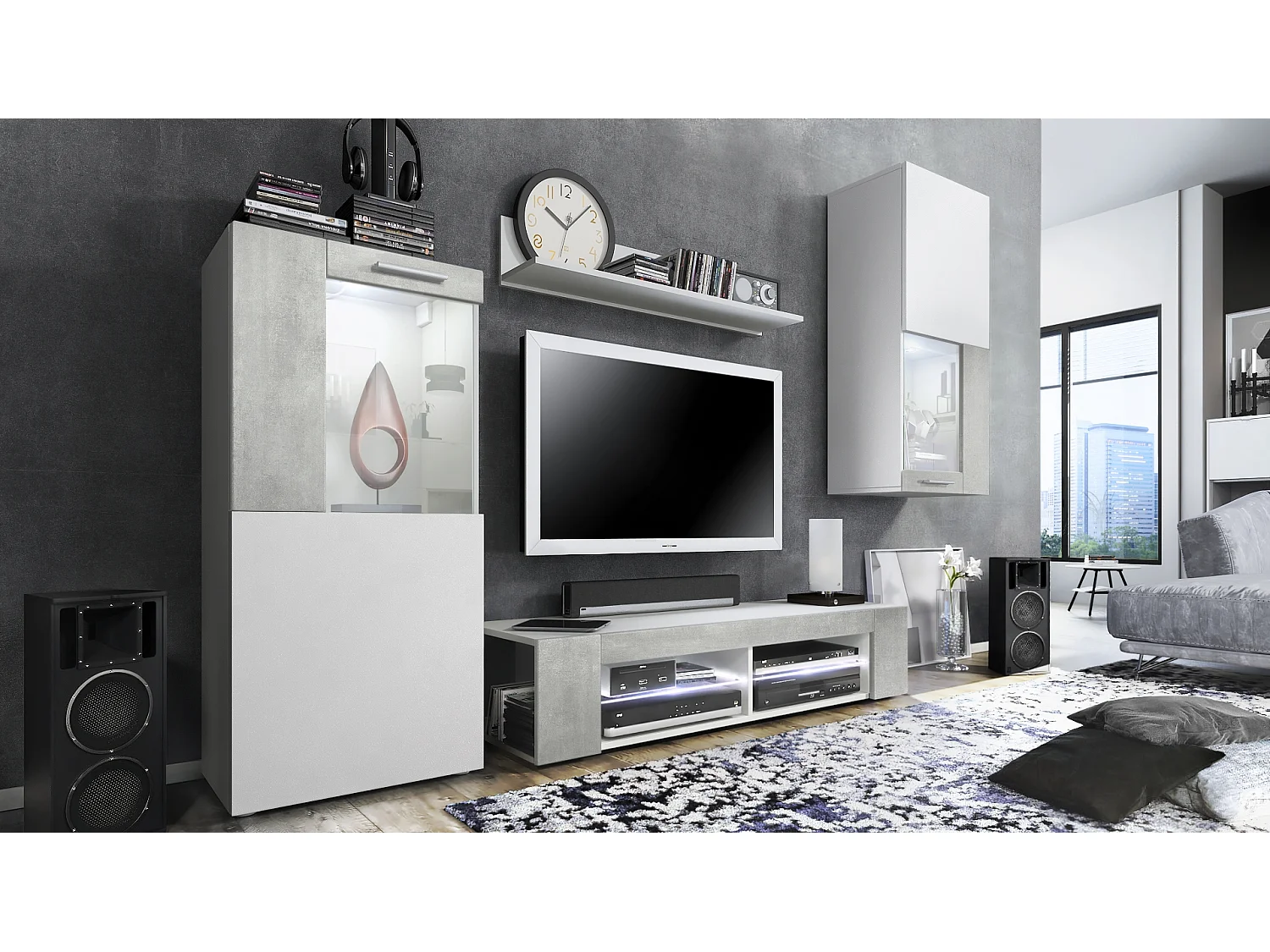 Ensemble de salon Movie comprenant 1 meuble bas TV, 2 vitrines et 1 étagère, Blanc mat/Aspect Béton Oxyde, (Dimensions totales : 300 x 190 x 39 cm)