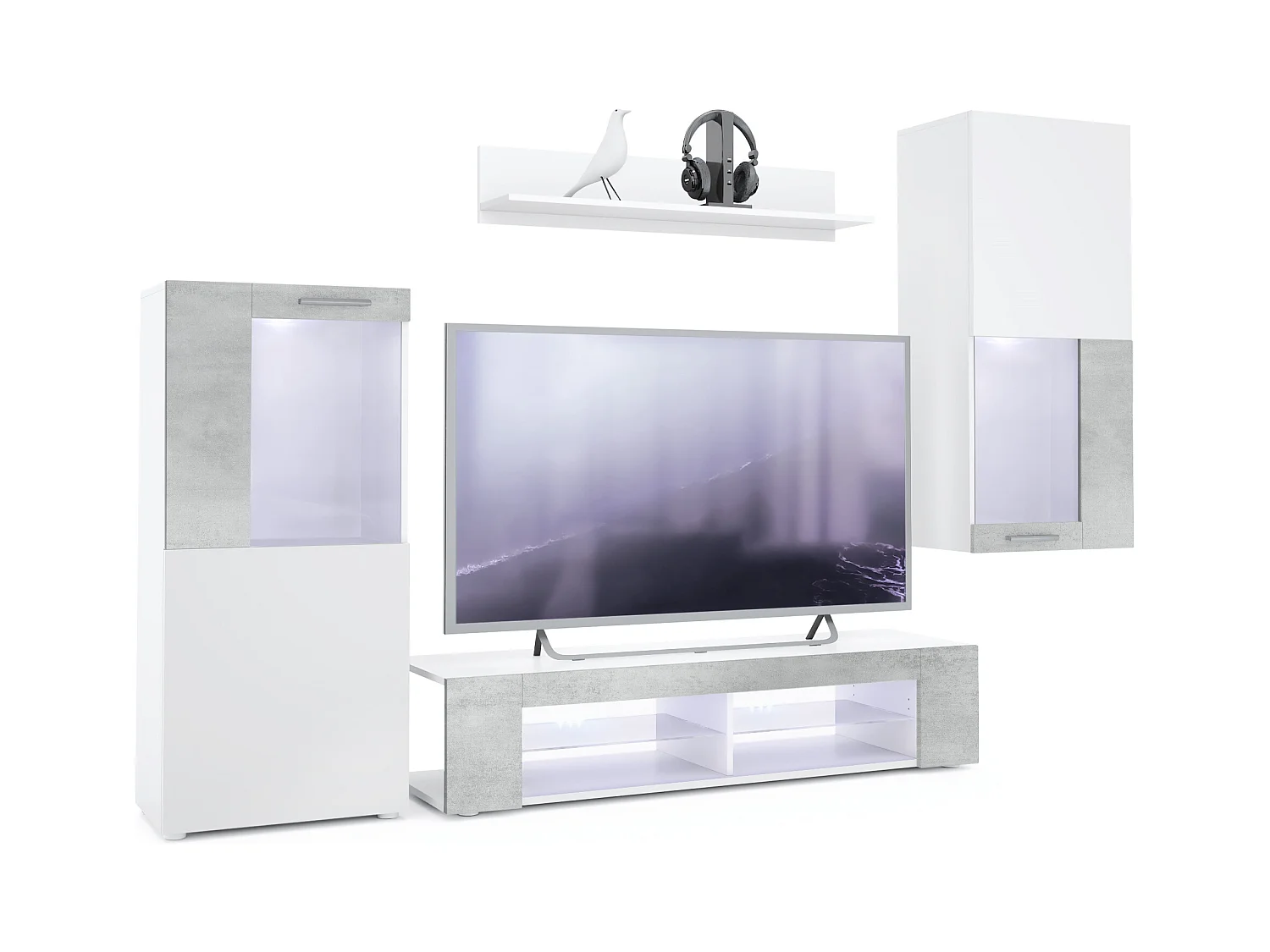 Ensemble de salon Movie comprenant 1 meuble bas TV, 2 vitrines et 1 étagère, Blanc mat/Aspect Béton Oxyde, (Dimensions totales : 300 x 190 x 39 cm)