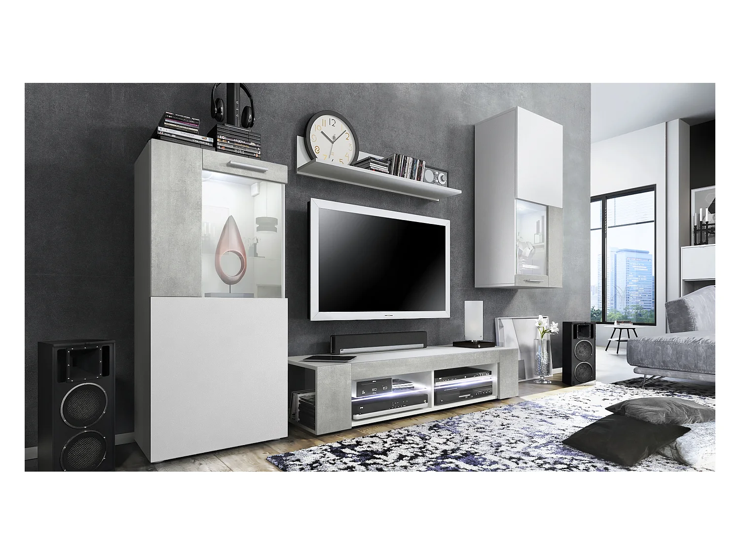 Ensemble de salon Movie comprenant 1 meuble bas TV, 2 vitrines et 1 étagère, Blanc mat/Aspect Béton Oxyde, (Dimensions totales : 300 x 190 x 39 cm)