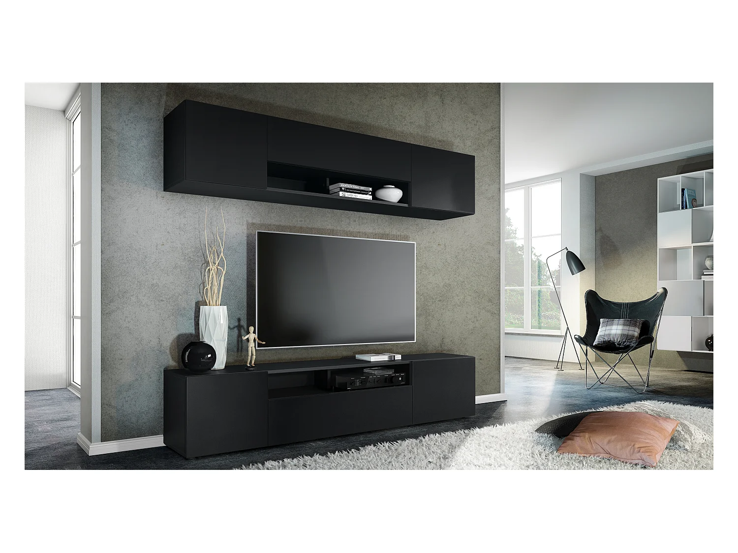 Meuble-paroi Mogan, noir mat/noir mat - Meuble mural moderne composé de 2 étagères TV (181 x 147 x 35 cm)