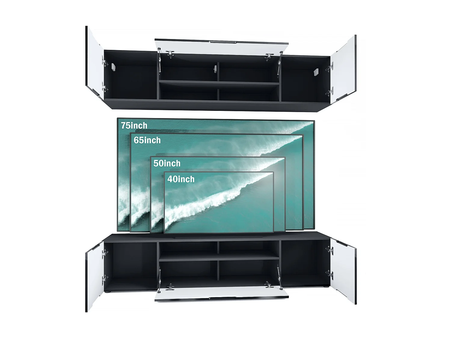 Meuble-paroi Mogan, noir mat/noir mat - Meuble mural moderne composé de 2 étagères TV (181 x 147 x 35 cm)