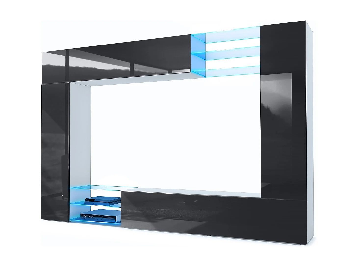 Meuble TV mural Mirage, Ensemble étagère TV et 2 portes, 2 clapets et 6 étagères en verre, Blanc mat/Noir brillant, éclairage LED inclus (262 x 183 x 39 cm)