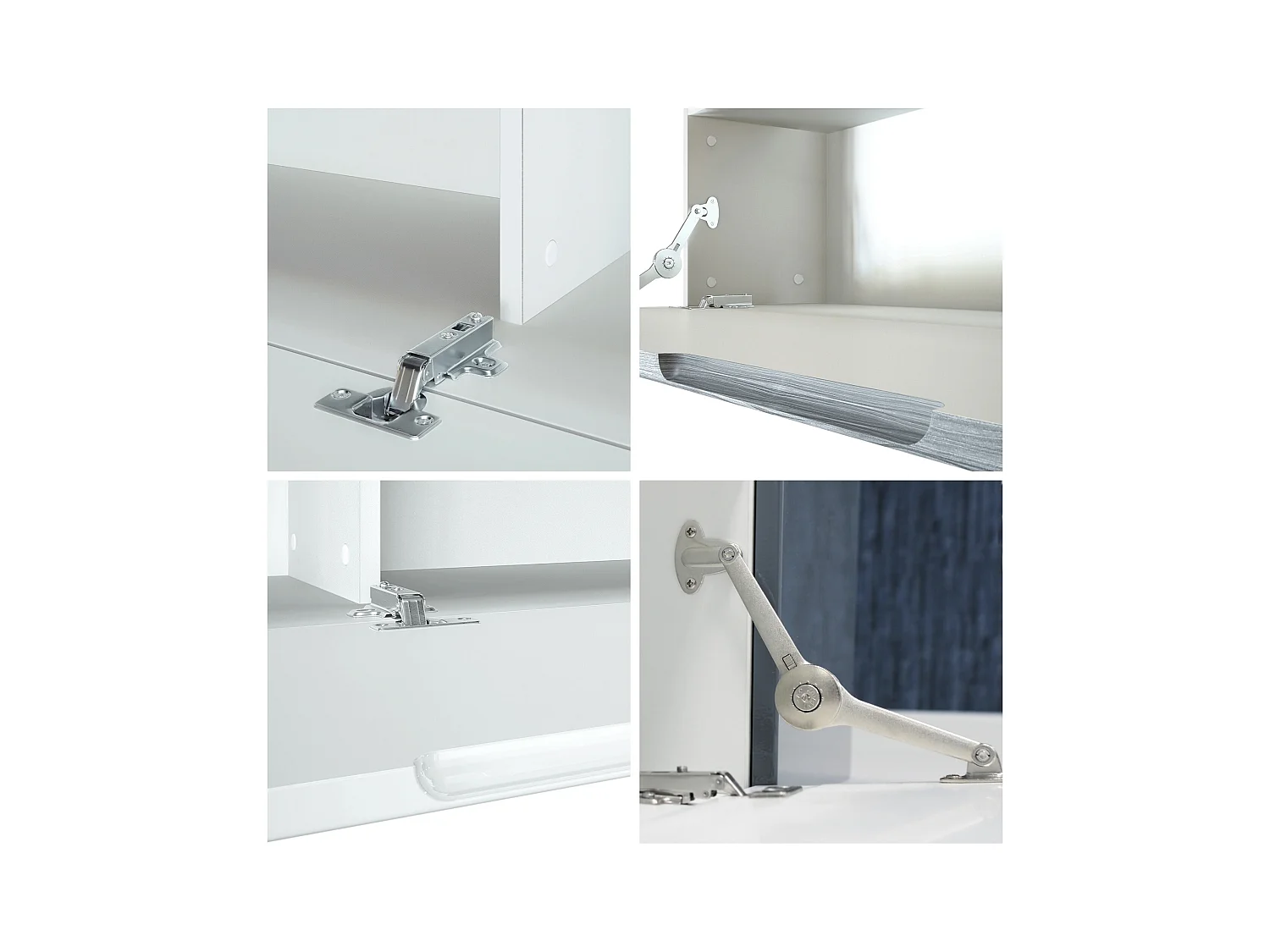 Meuble TV mural Mirage, Ensemble étagère TV et 2 portes, 2 clapets et 6 étagères en verre, Blanc mat/Noir brillant, éclairage LED inclus (262 x 183 x 39 cm)