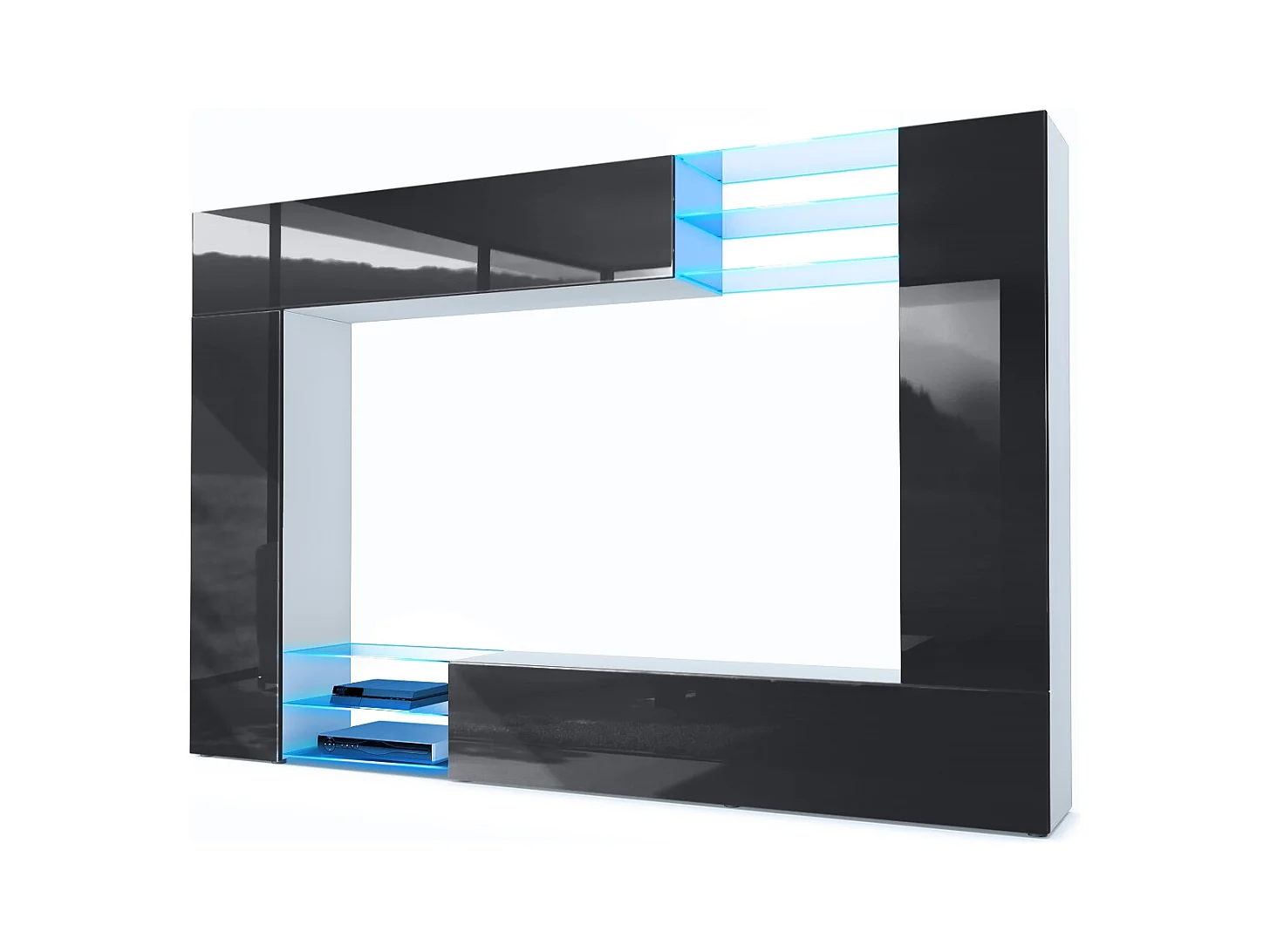 Meuble TV mural Mirage, Ensemble étagère TV et 2 portes, 2 clapets et 6 étagères en verre, Blanc mat/Noir brillant, éclairage LED inclus (262 x 183 x 39 cm)
