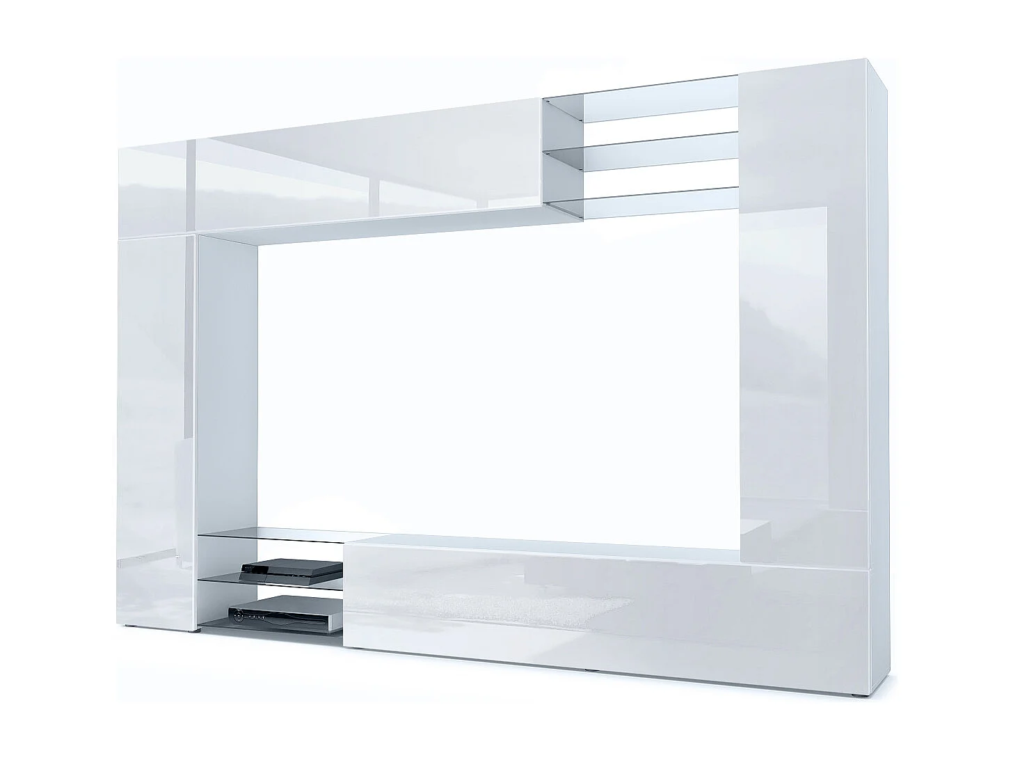 Meuble TV mural Mirage, Ensemble étagère TV avec panneau arrière et 2 portes, 2 clapets et 6 étagères en verre, Blanc mat/Blanc brillant (262 x 183 x 39 cm)