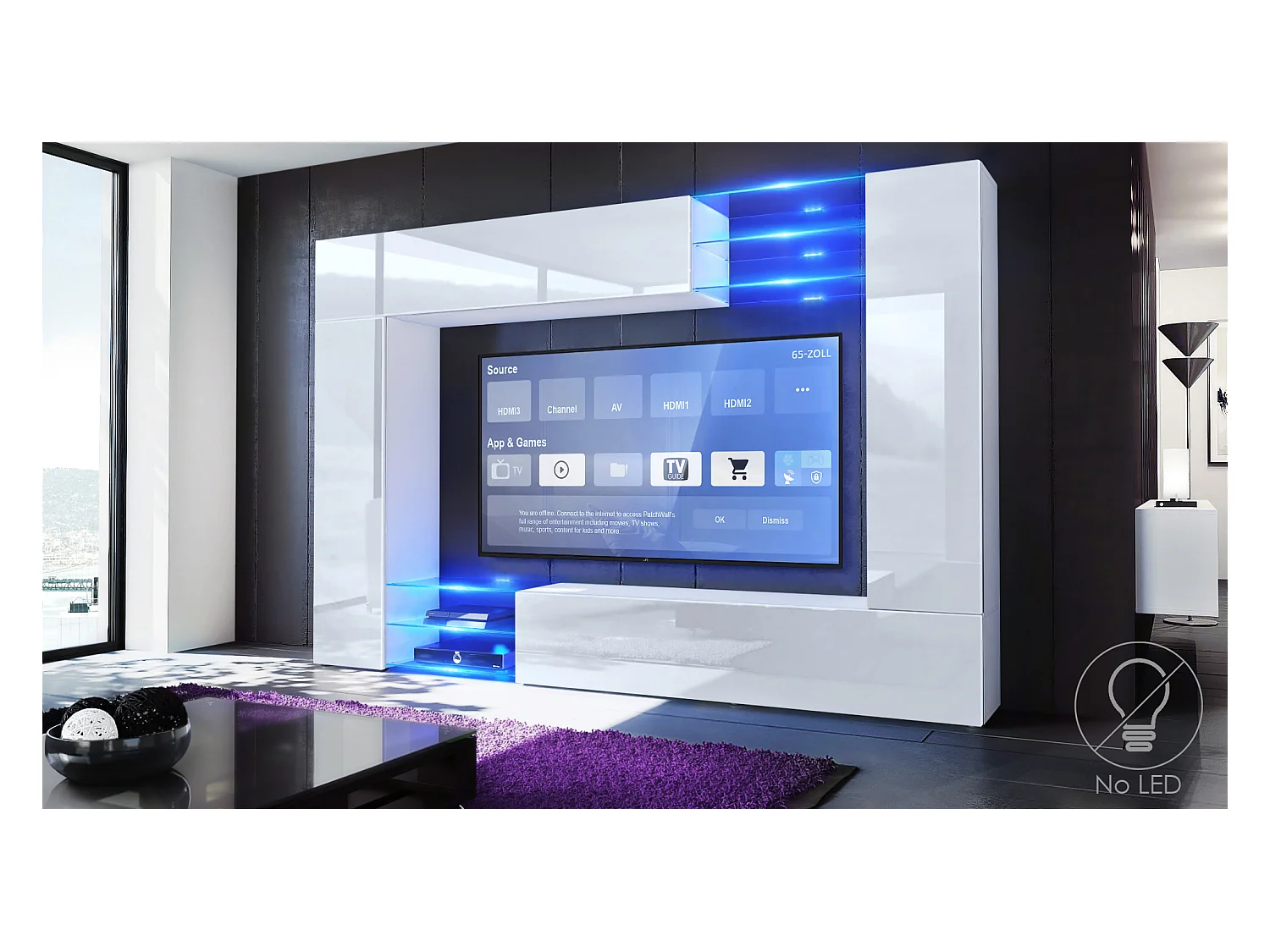 Meuble TV mural Mirage, Ensemble étagère TV avec panneau arrière et 2 portes, 2 clapets et 6 étagères en verre, Blanc mat/Blanc brillant (262 x 183 x 39 cm)