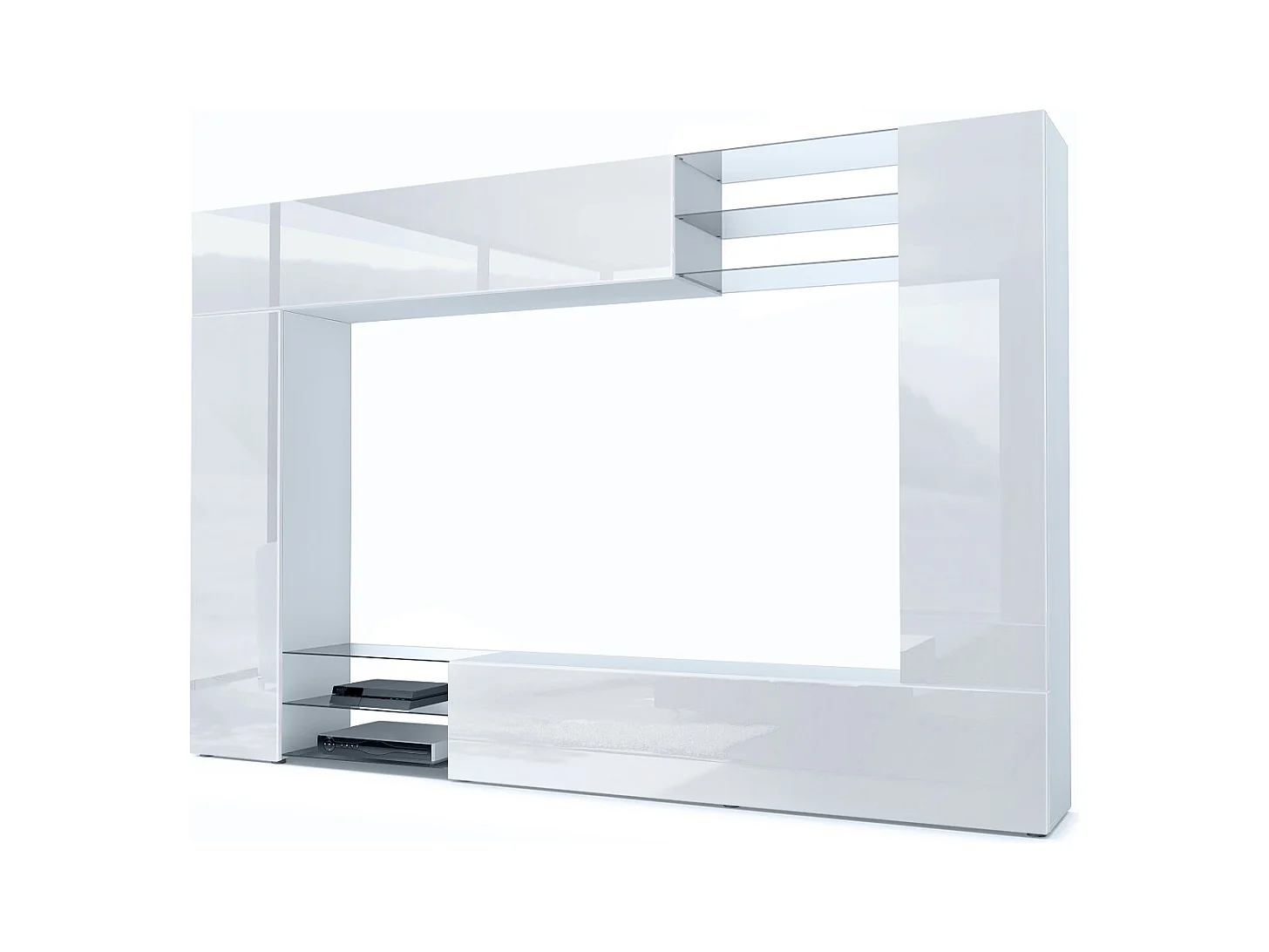 Meuble TV mural Mirage, Ensemble étagère TV avec panneau arrière et 2 portes, 2 clapets et 6 étagères en verre, Blanc mat/Blanc brillant (262 x 183 x 39 cm)