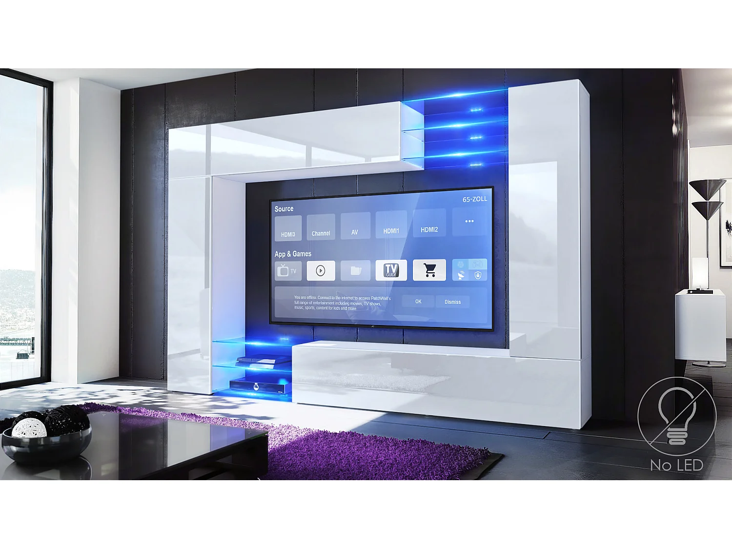 Set da soggiorno  Mirage, Parete attrezzata con 2 ante, 2 ante a ribalta e 6 ripiani a giorno in vetro, bianco opaco/bianco lucido (262 x 183 x 39 cm)