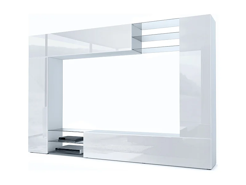 Meuble TV mural Mirage, Ensemble étagère TV avec panneau arrière et 2 portes, 2 clapets et 6 étagères en verre, Blanc mat/Blanc brillant (262 x 183 x 39 cm)