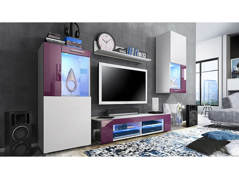 Ensemble de salon Movie comprenant 1 meuble bas TV, 2 vitrines et 1 étagère, Blanc mat/Mûre haute brillance, (Dimensions totales : 300 x 190 x 39 cm)