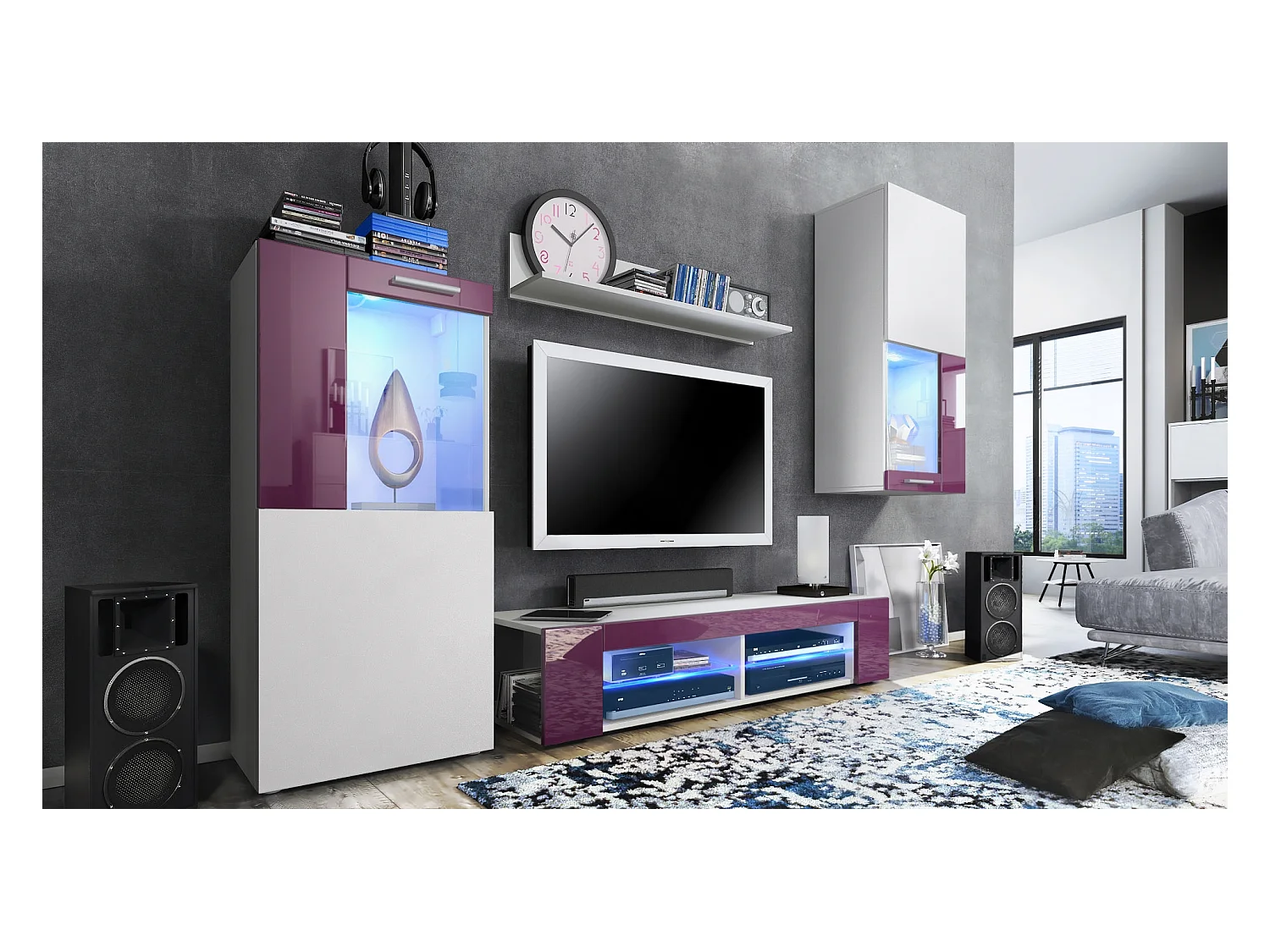 Ensemble de salon Movie comprenant 1 meuble bas TV, 2 vitrines et 1 étagère, Blanc mat/Mûre haute brillance, (Dimensions totales : 300 x 190 x 39 cm)