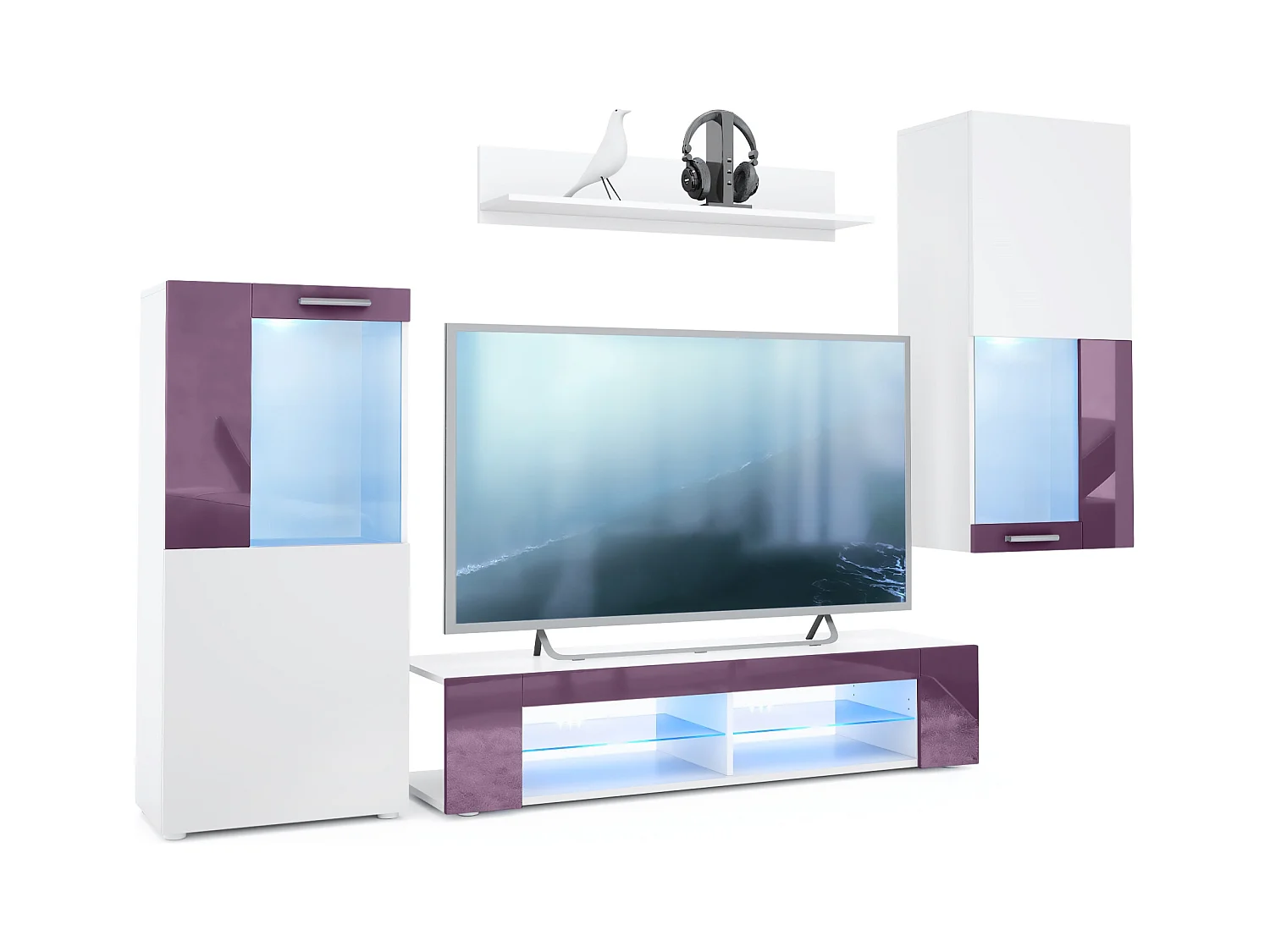 Ensemble de salon Movie comprenant 1 meuble bas TV, 2 vitrines et 1 étagère, Blanc mat/Mûre haute brillance, (Dimensions totales : 300 x 190 x 39 cm)