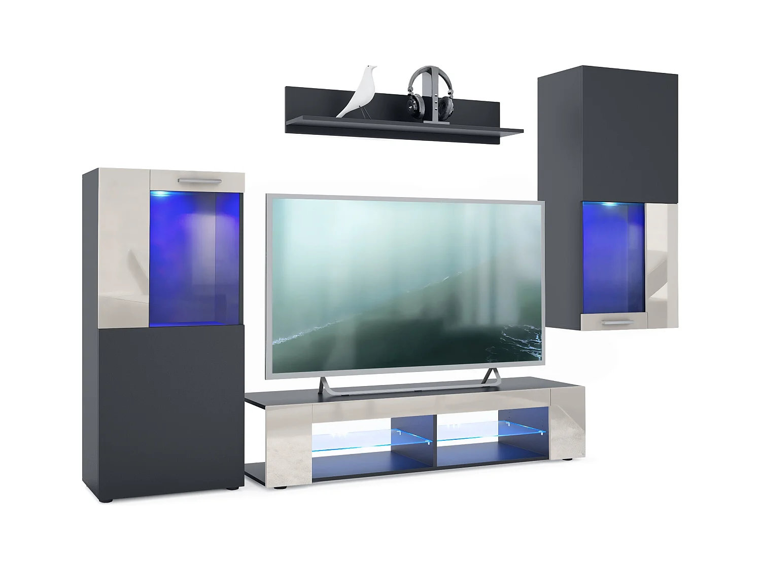 Ensemble de salon Movie comprenant 1 meuble bas TV, 2 vitrines et 1 étagère, Noir mat/Gris sable haute brillance, (Dimensions totales : 300 x 190 x 39 cm)