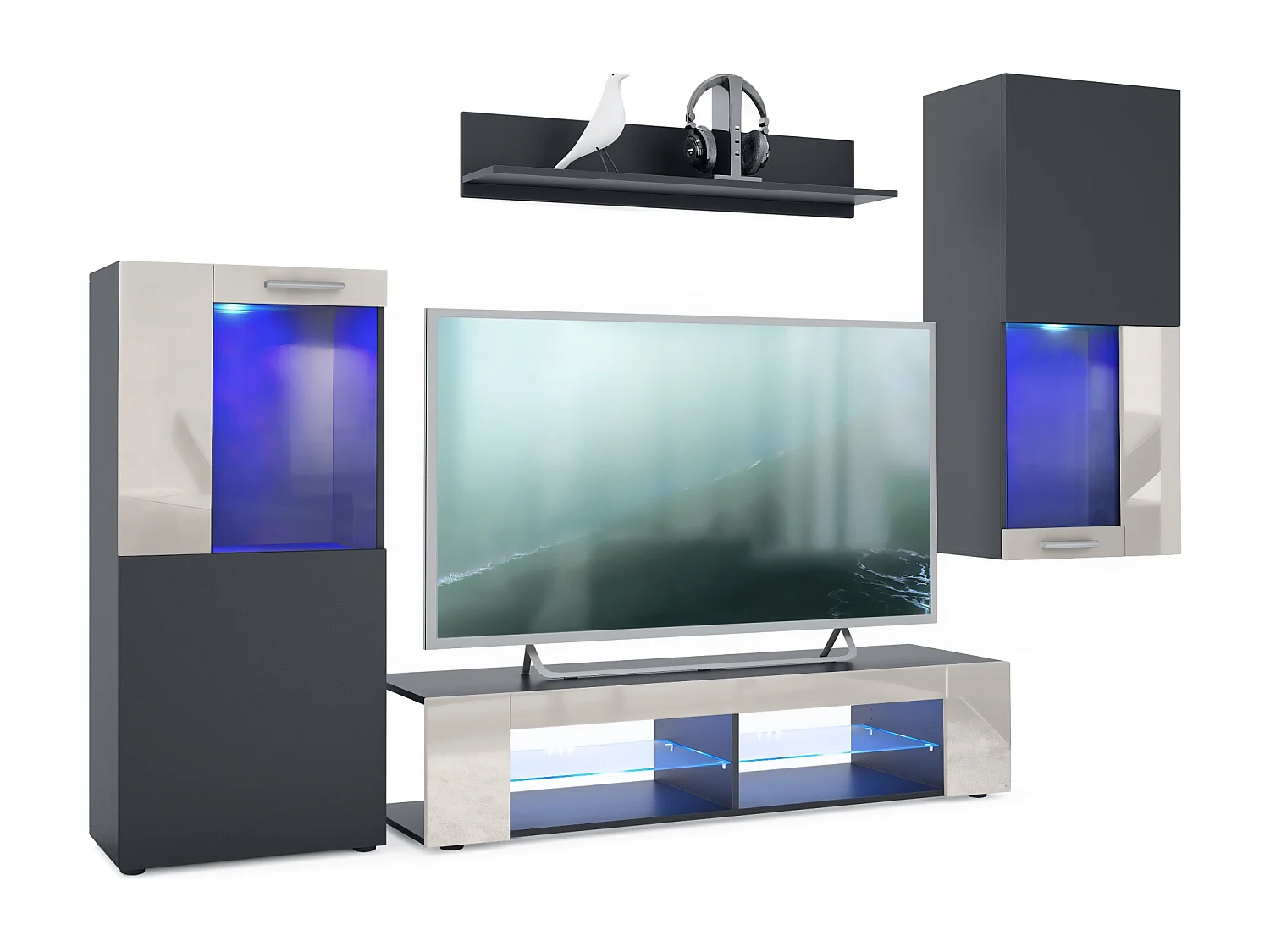 WOHNWAND Movie Absetzungen in Sandgrau Hochglanz