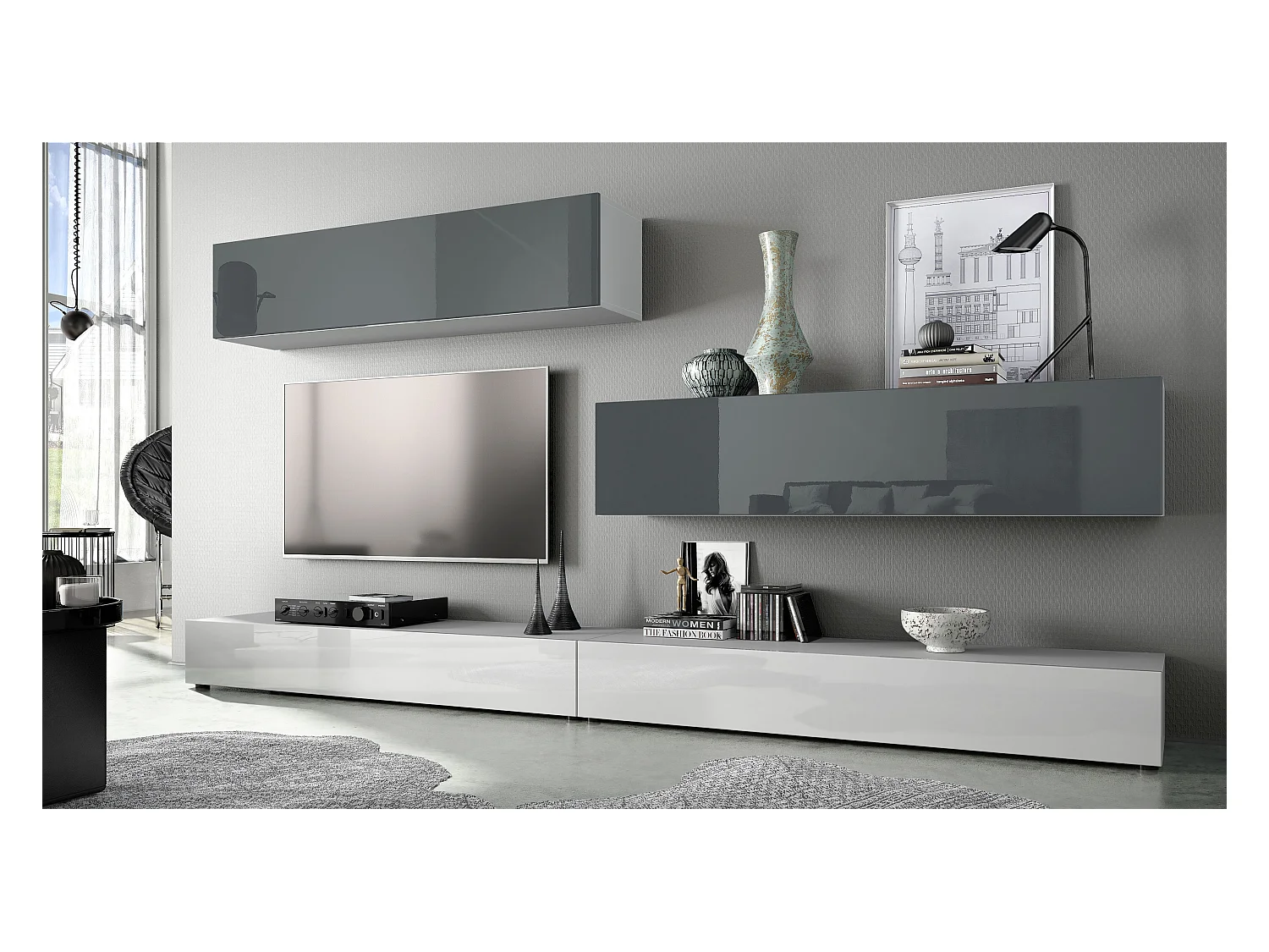 WOHNWAND Nublo Klappen in Grau Hochglanz