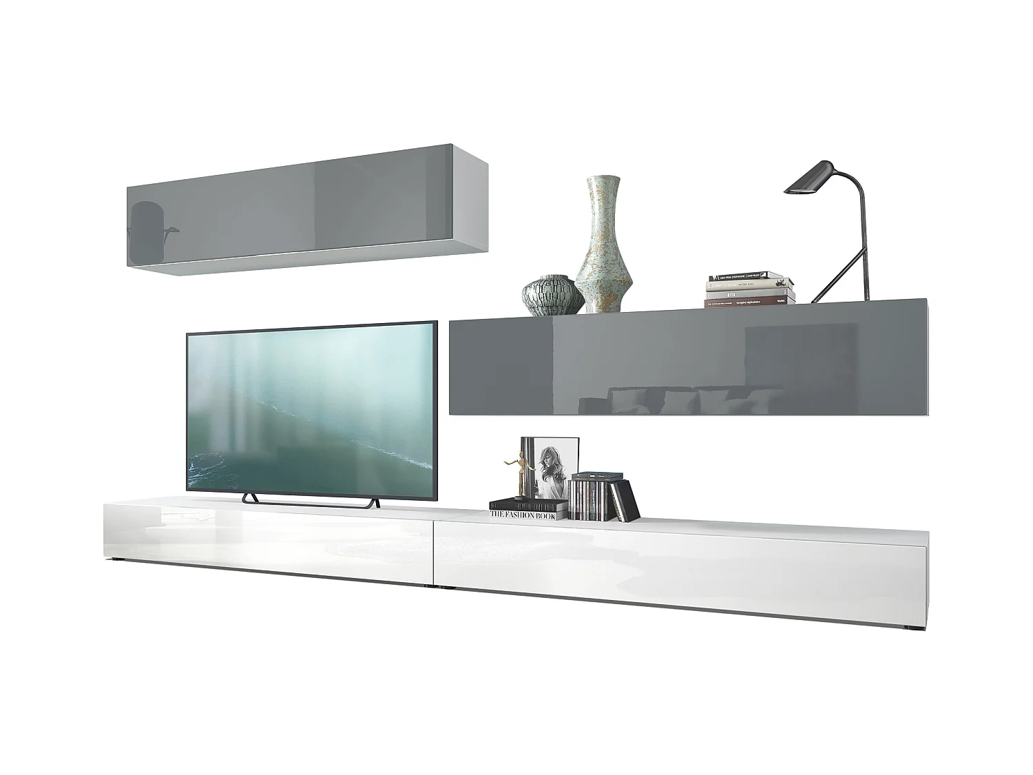 Combinaison murale Armoire Nublo, Corps en Blanc mat / Façades en Blanc haute brillance et Gris haute brillance